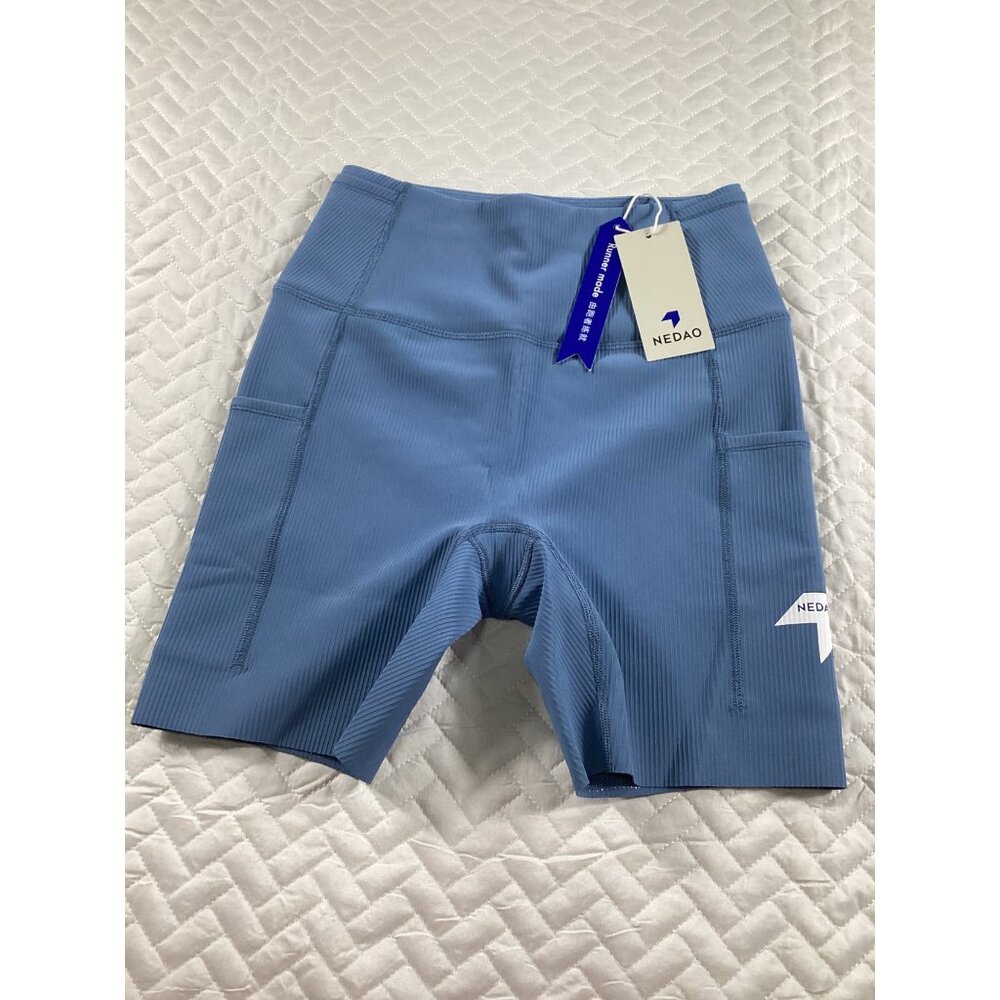 Nedao Womens High-Waisted Ribbed Biker light Blue Shorts Size M Sports athletic